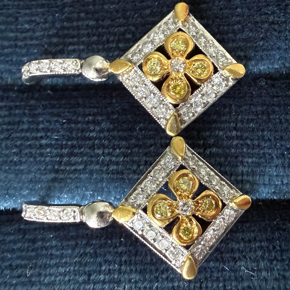 Designer MICHAEL BEAUDRY Platinum 18K Yellow Gold Diamond Flower Drop Earrings - Picture 7 of 15
